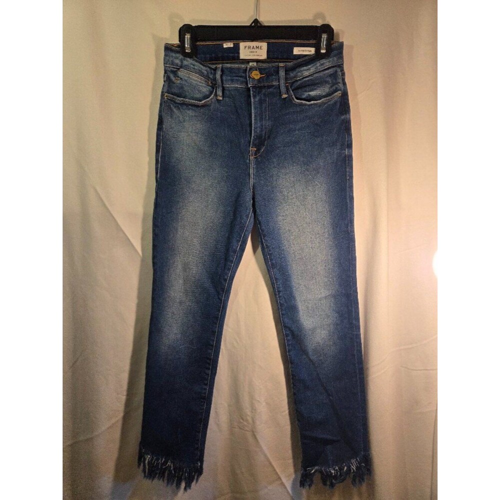FRAME Le High Straight Jeans Women’s 28 Blue Frayed Hem Raw Hem Denim